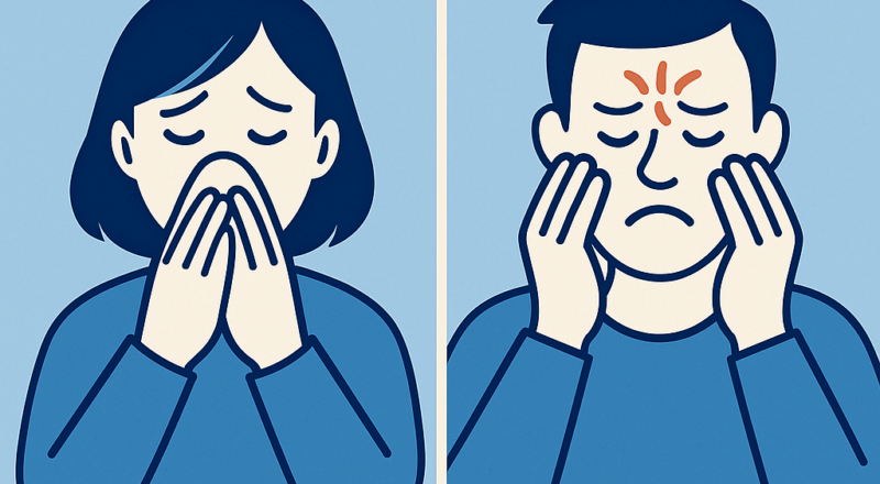 Illustration comparing seasonal allergies and sinus infections—woman sneezing on the left, man with facial pain and forehead pressure on the right.